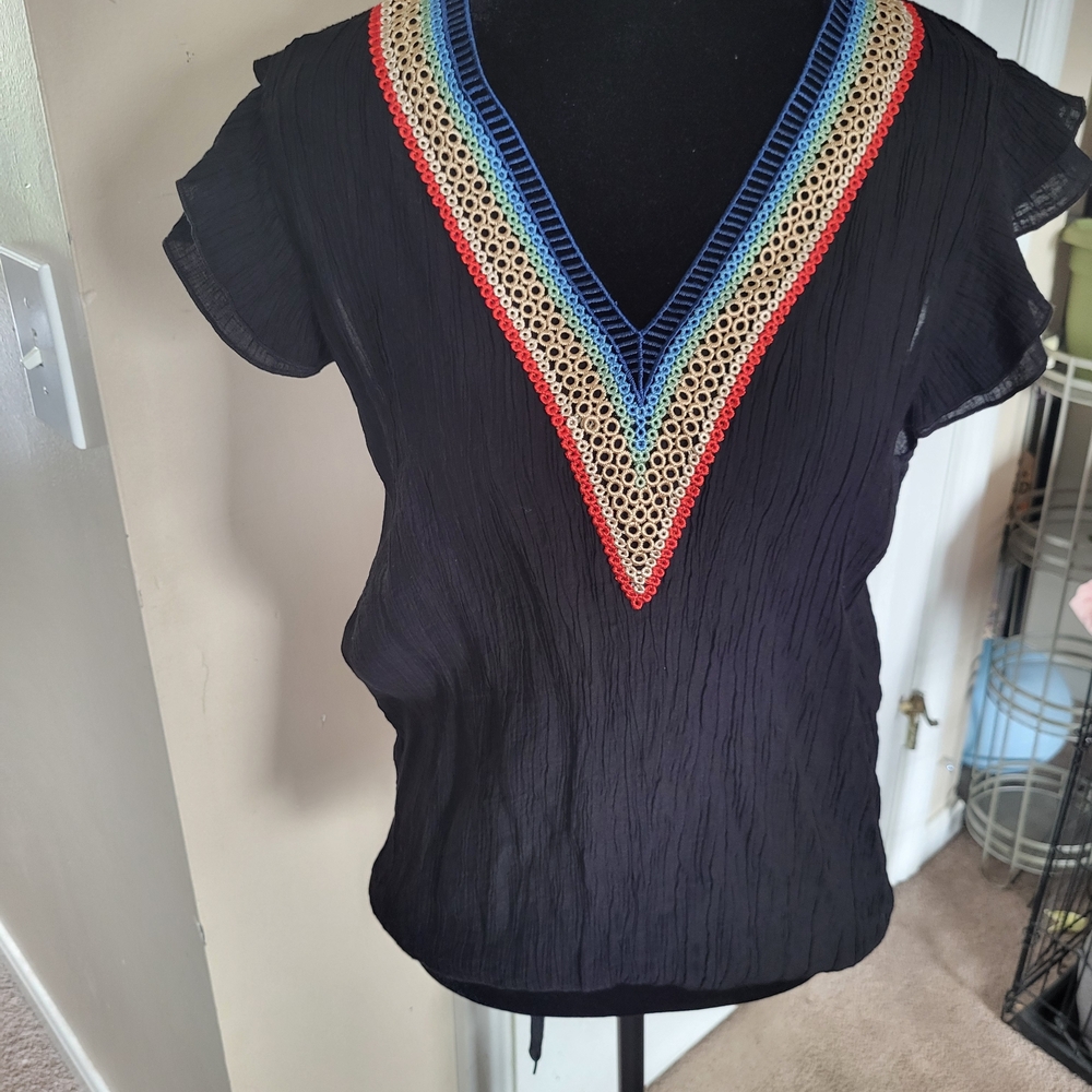 Elegant Black Blouse with Colorful V-Neck Trim
